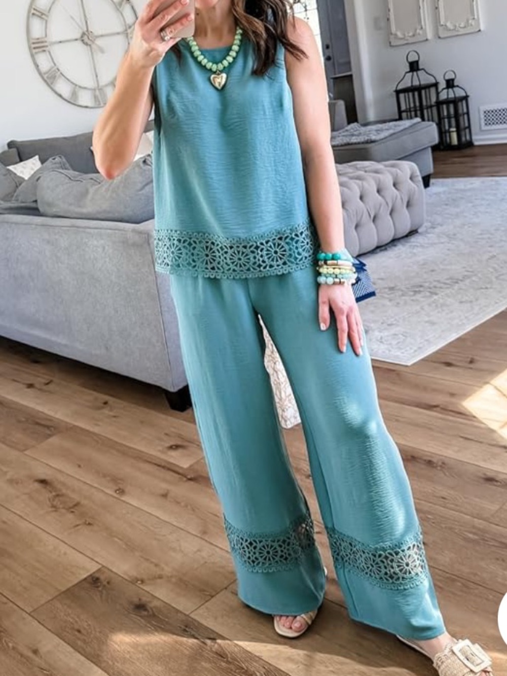 Teal Two-Piece Beautiful Crochet Trim Set